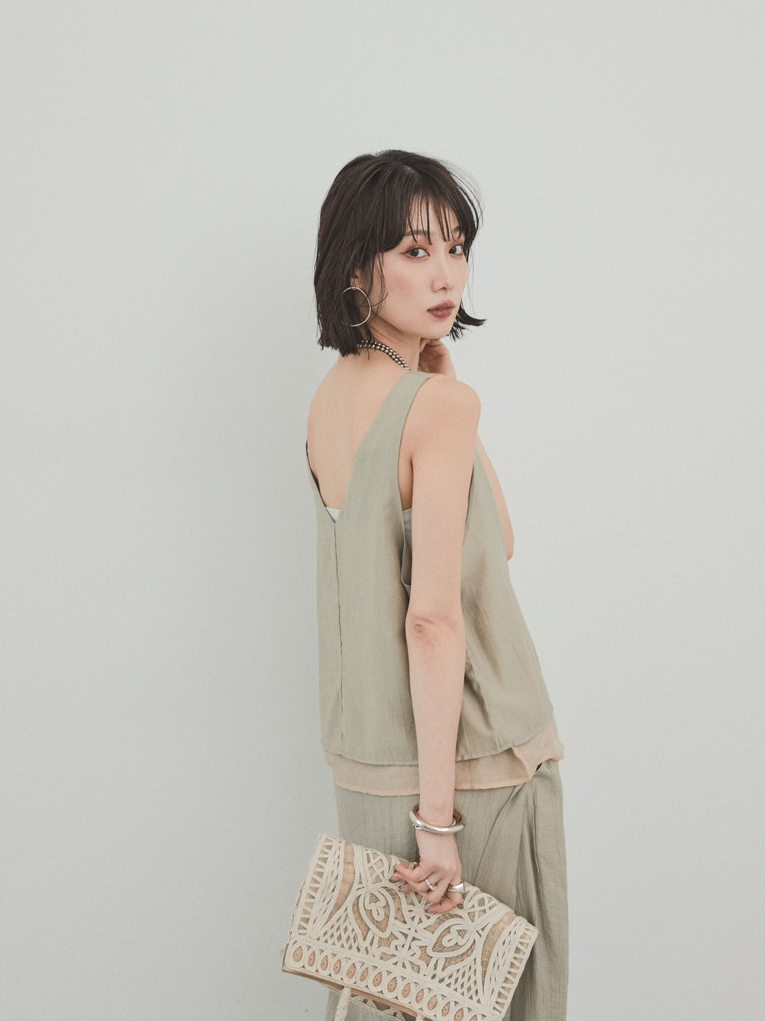 [SET] 洗衣機緞面透明層疊背心 + 洗衣機緞層疊裙褲 (2set)