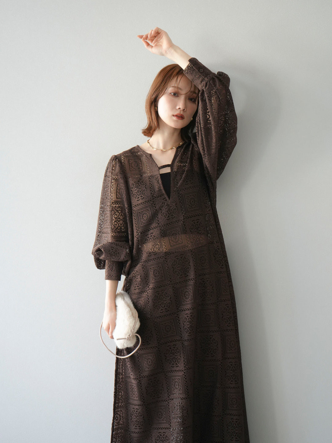 【套裝】塊蕾絲捲袖洋裝+塊蕾絲寬褲（2套）