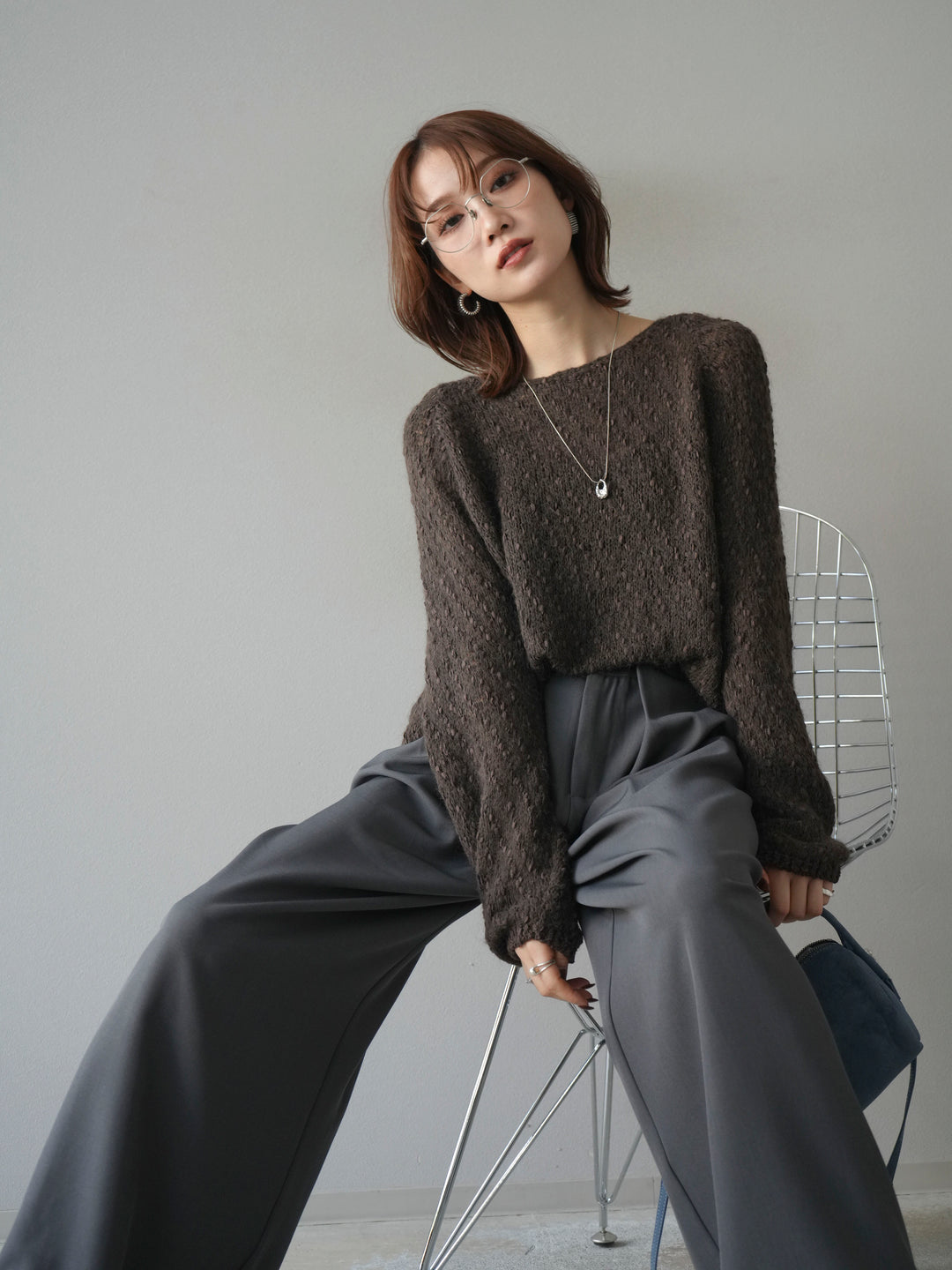 【着回しセット】[SET]求心柄クロップドニットカーディガン+異素材ミックスヤーンニットプルオーバー+ベルトループデザインワイドパンツ(3set)