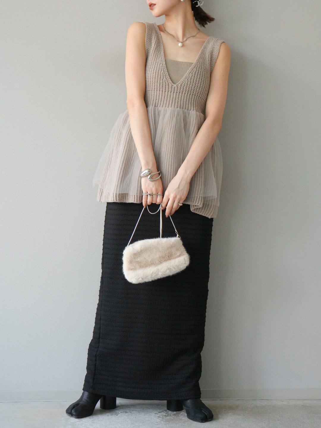 [予約]チュールレイヤードペプラムニットベスト/グレージュ