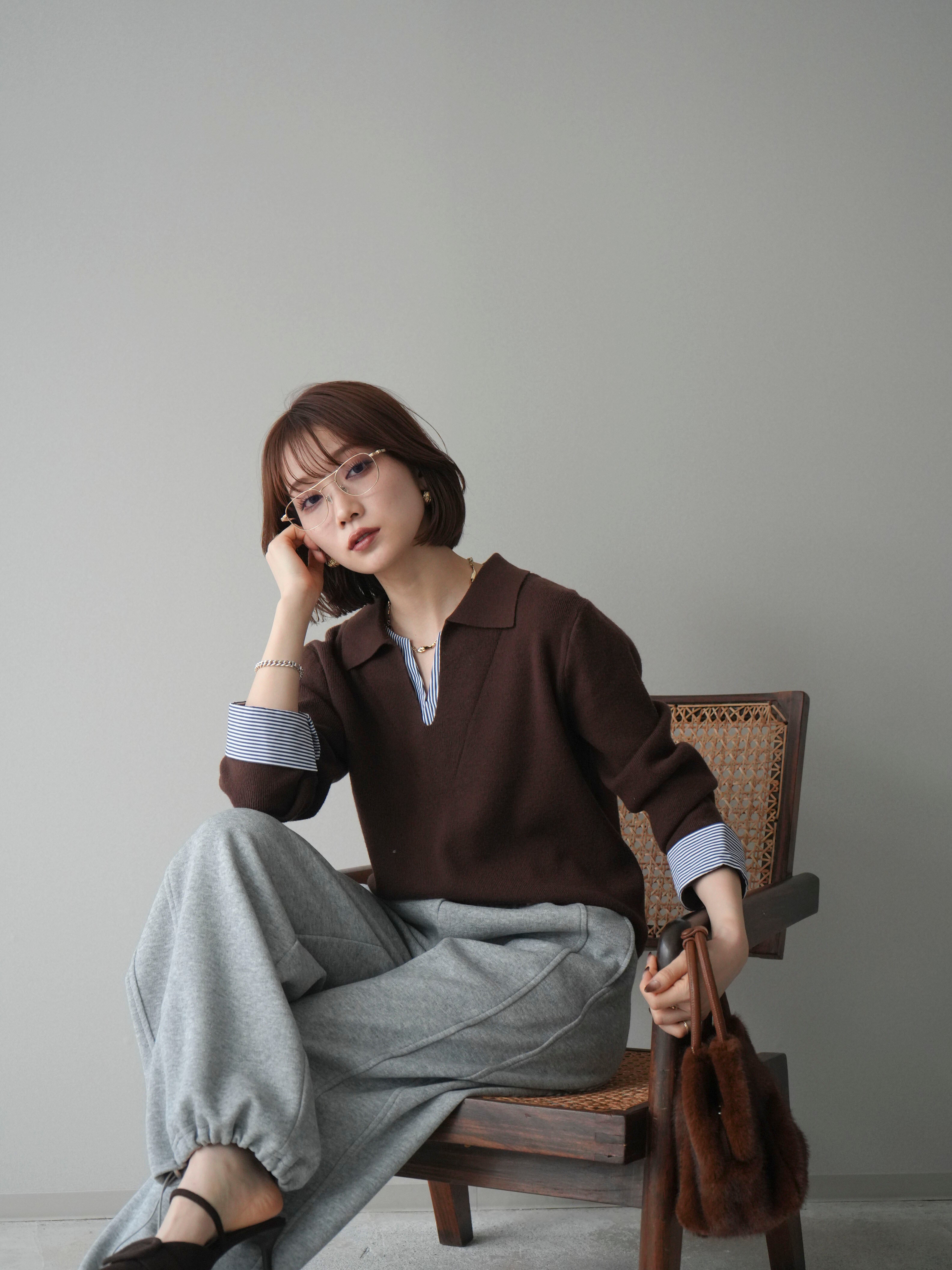 予約]シャツレイヤードスキッパーニットプルオーバー/brown – Lumier