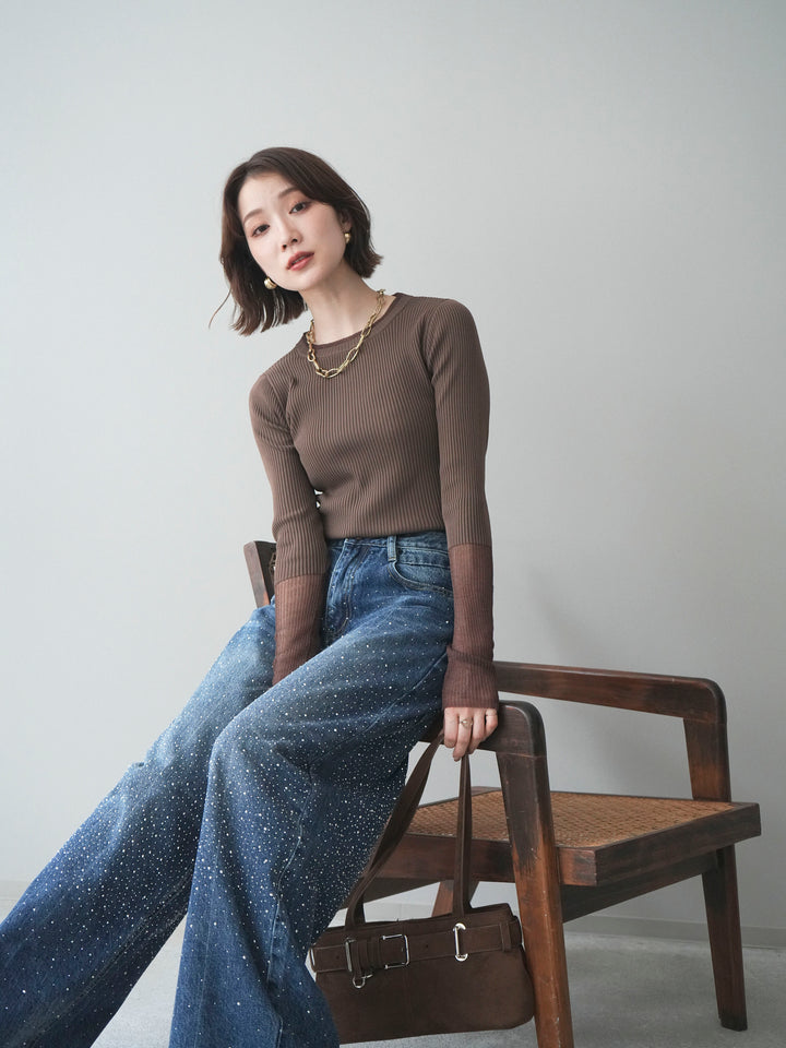[予約]リブラメシアー切替リブニットトップス/brown
