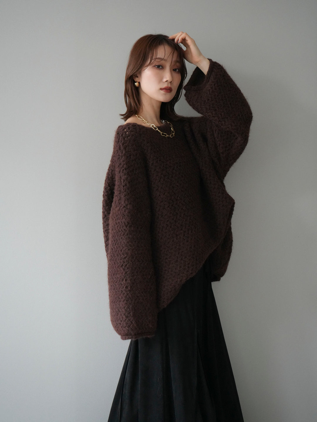 [予約]ワッフル編みオーバーニットプルオーバー/brown