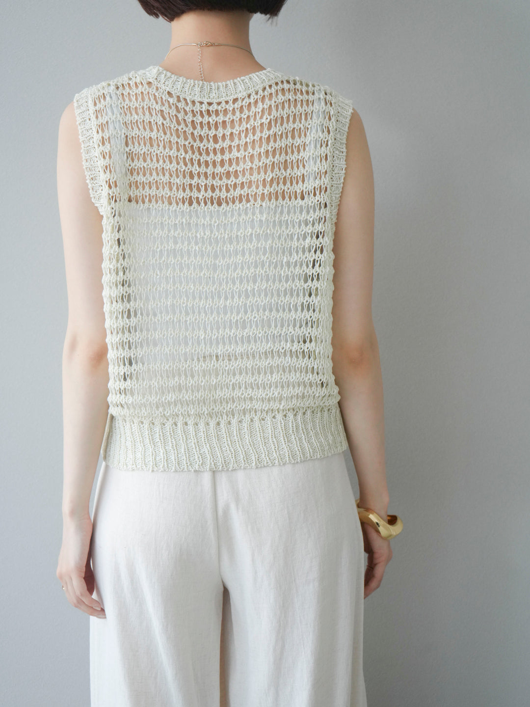 [予約]ミックスヤーン透かし編みニットタンクトップ/アイボリー