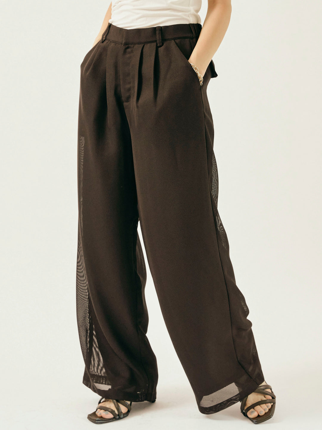 [予約]メッシュタックワイドパンツ/ブラウン