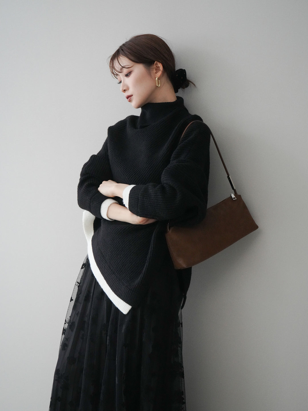 [予約]配色アシンメトリードルマンニットプルオーバー/black