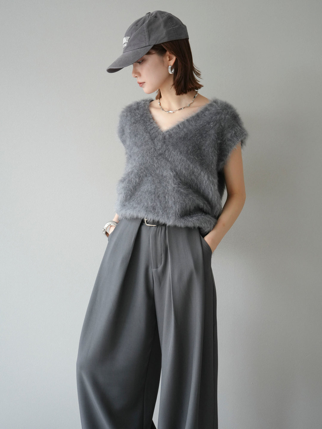 [SET]ラメシャギーVネックニットベスト+ベルトループデザインワイドパンツ(2set)