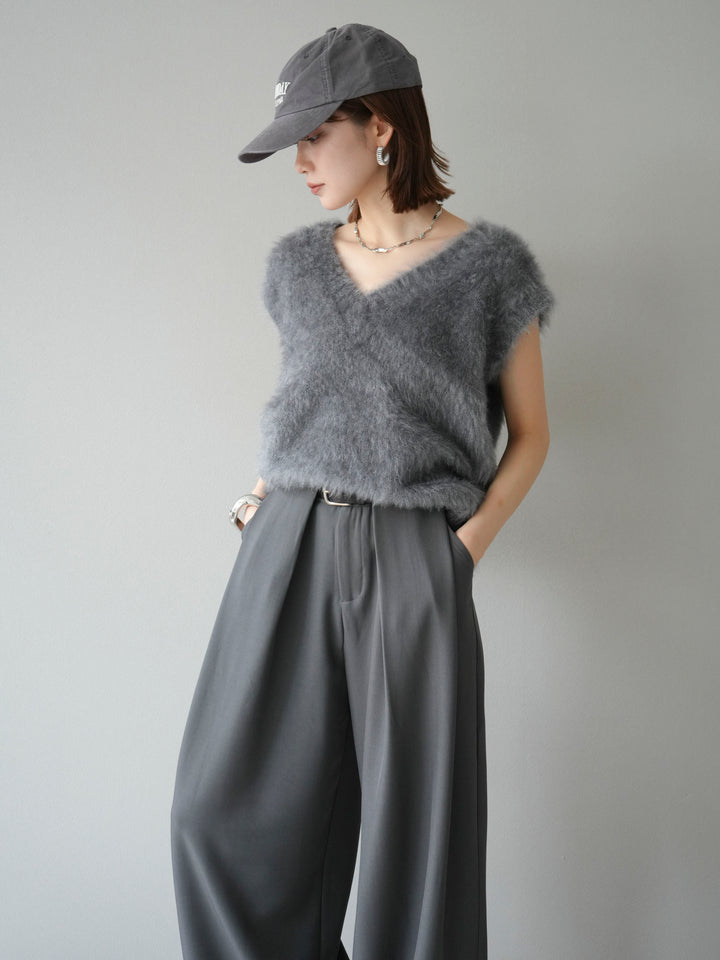 [SET]ラメシャギーVネックニットベスト+ベルトループデザインワイドパンツ(2set)