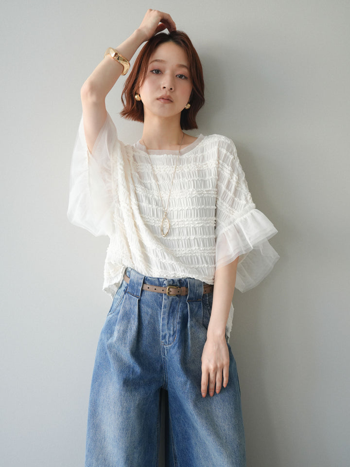 [予約]チュール袖リップルトップス/white