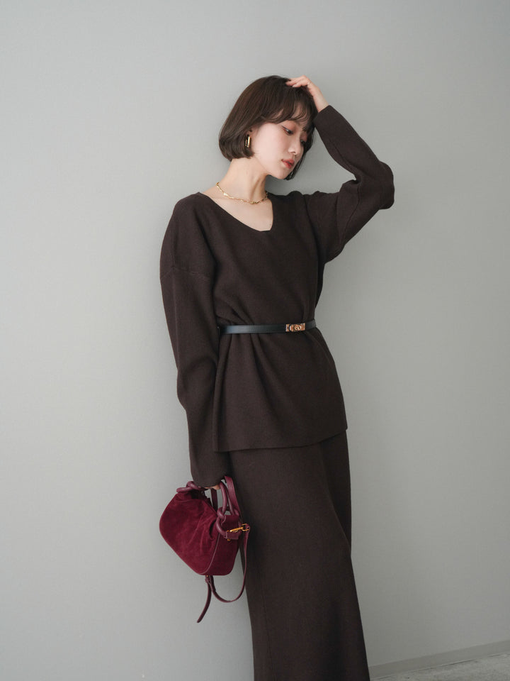 [SET]ベルト付Vネックニット＆スカートSET UP+選べるアクセセット(2set)