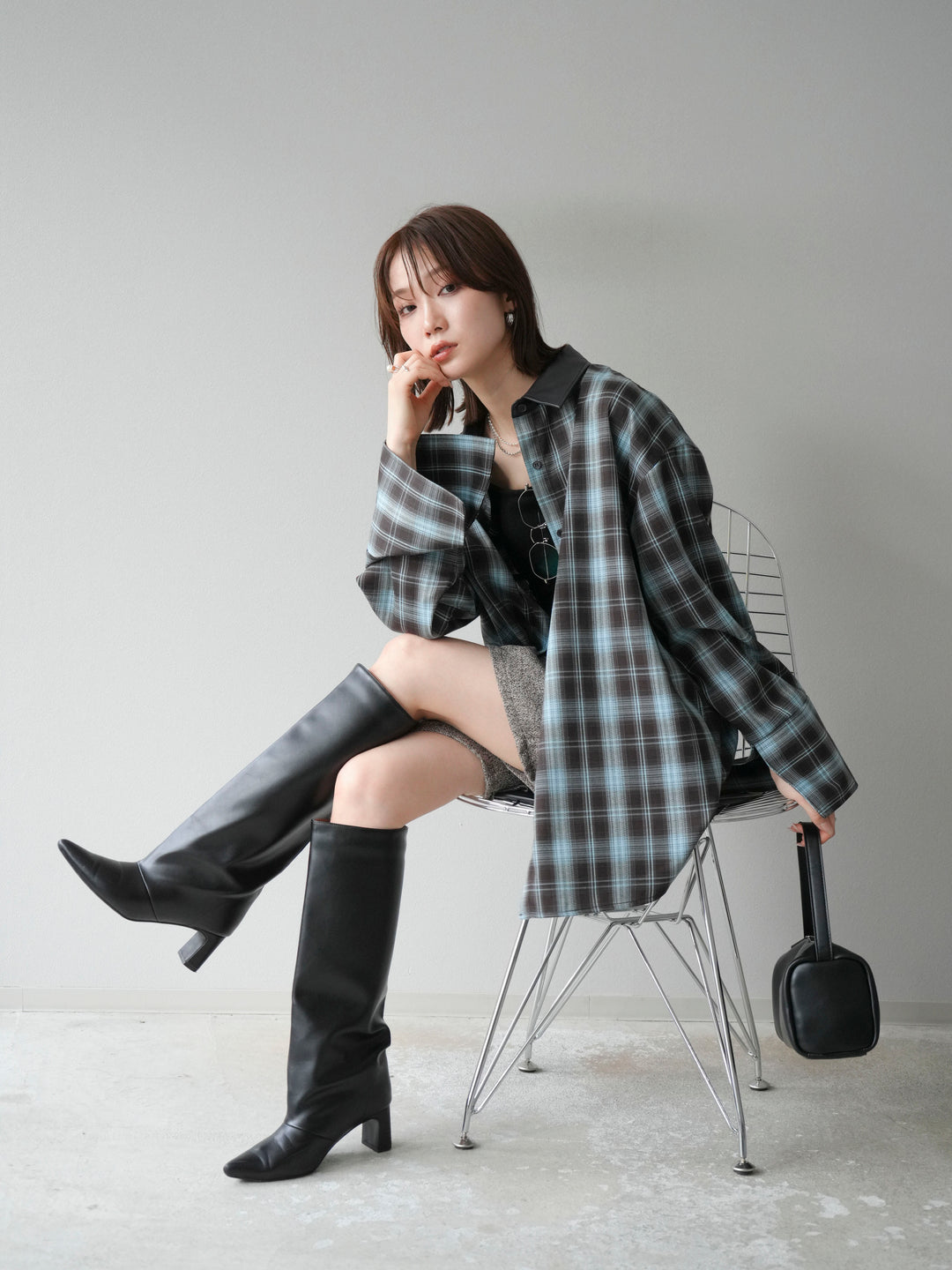 【着回しセット】[SET]レザー襟オンブレチェックオーバーシャツ +クラッシュベロアナロースカート+ツイードハーフパンツ(3set)