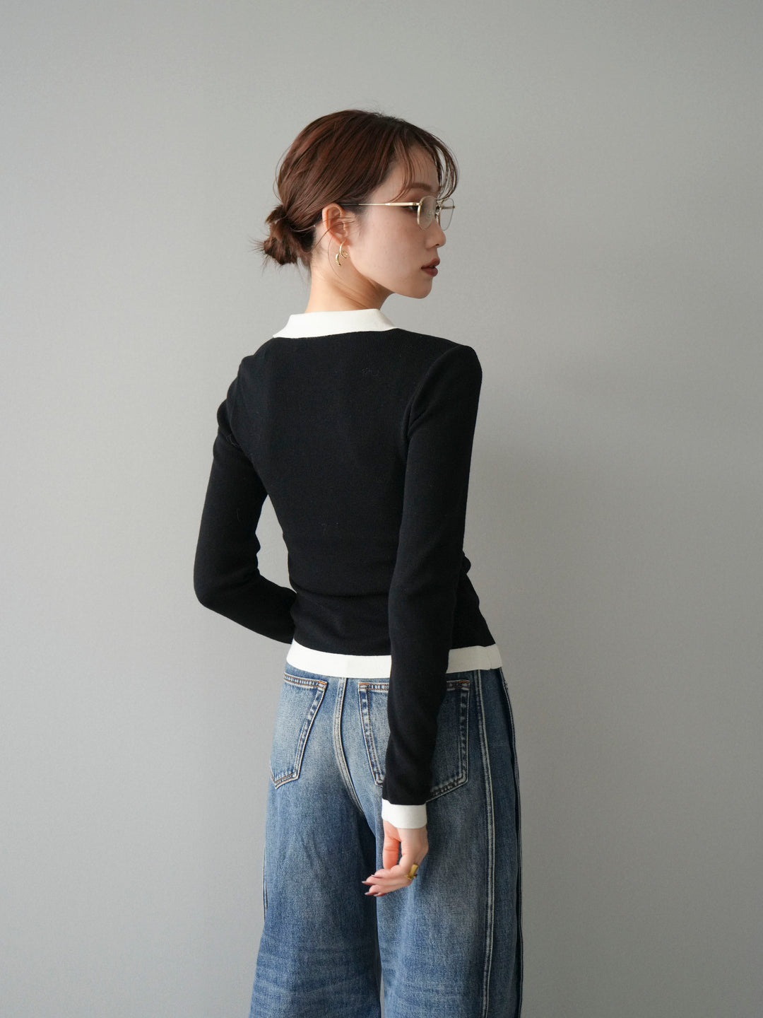 [予約]レイヤード配色ポロニットトップス/black