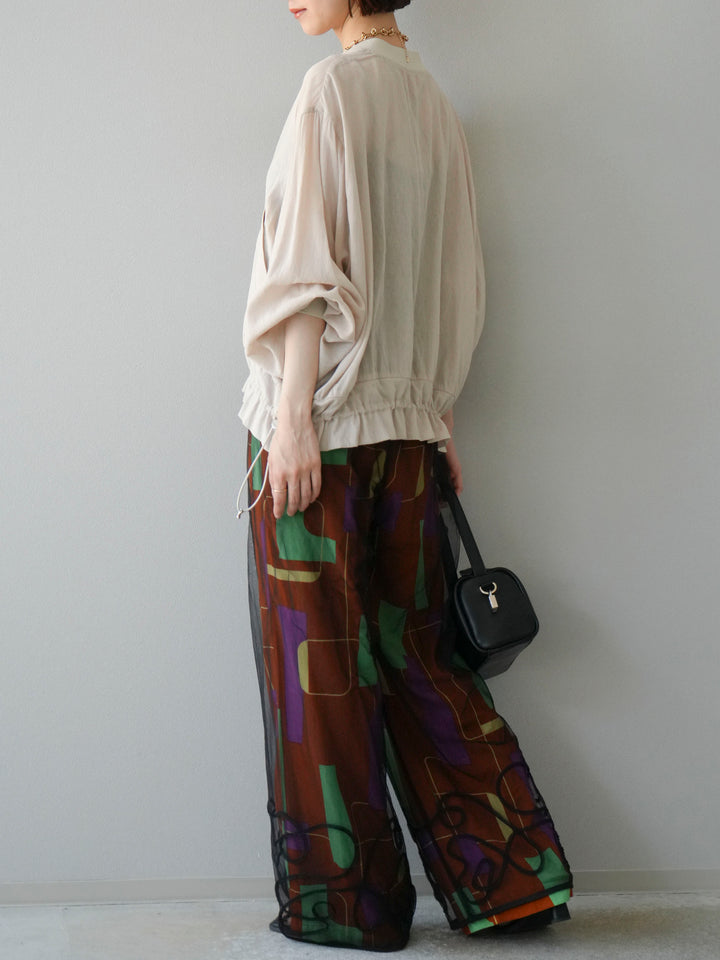 [予約]レーヨンフレックススラブレトロ柄ストレートパンツ/ブラウン