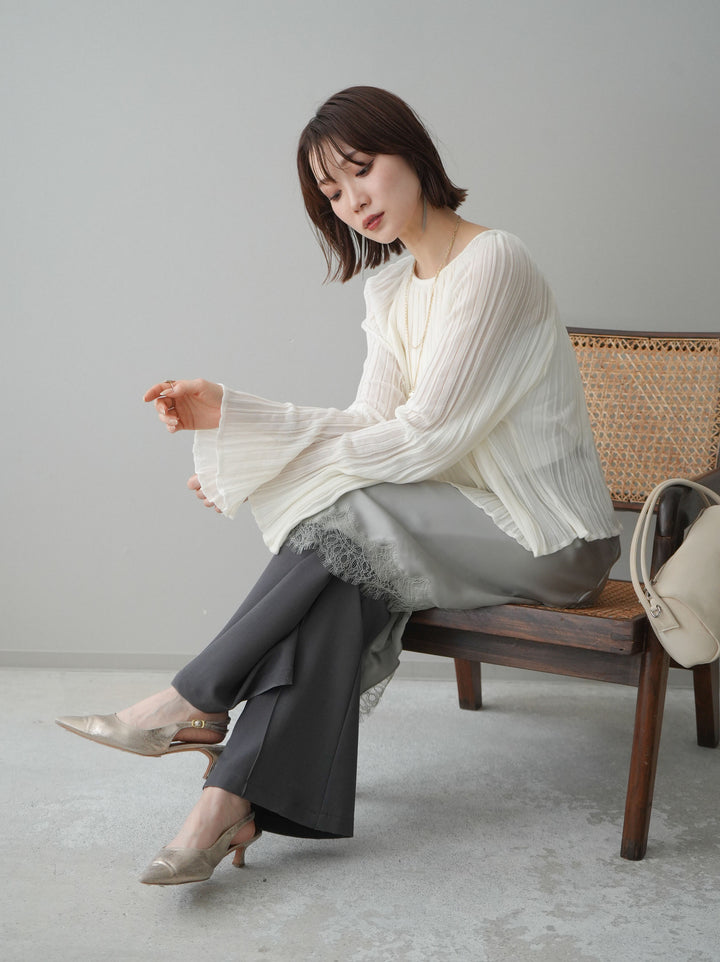 [SET]プリーツシアーフレアスリーブニットトップス+センターシームフレアパンツ+サテンライクアシメレーススカート(3set)