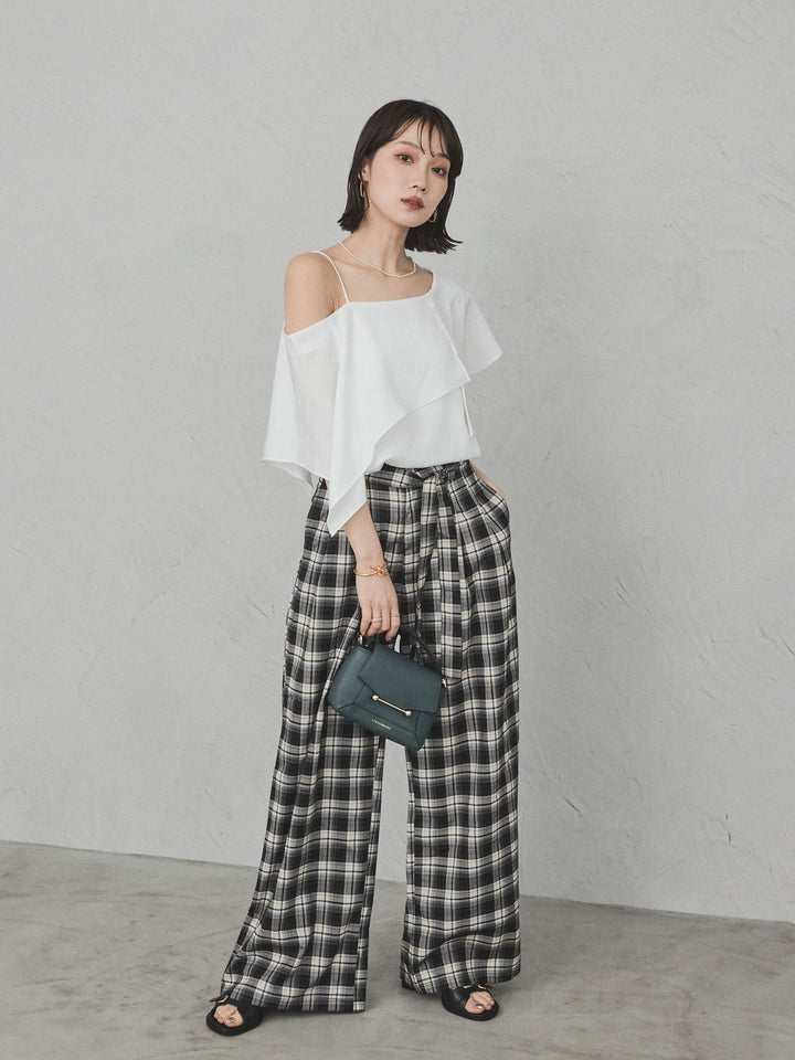 [SET]ワンショルラッフルブラウス+チェック柄ワイドパンツ(2set)