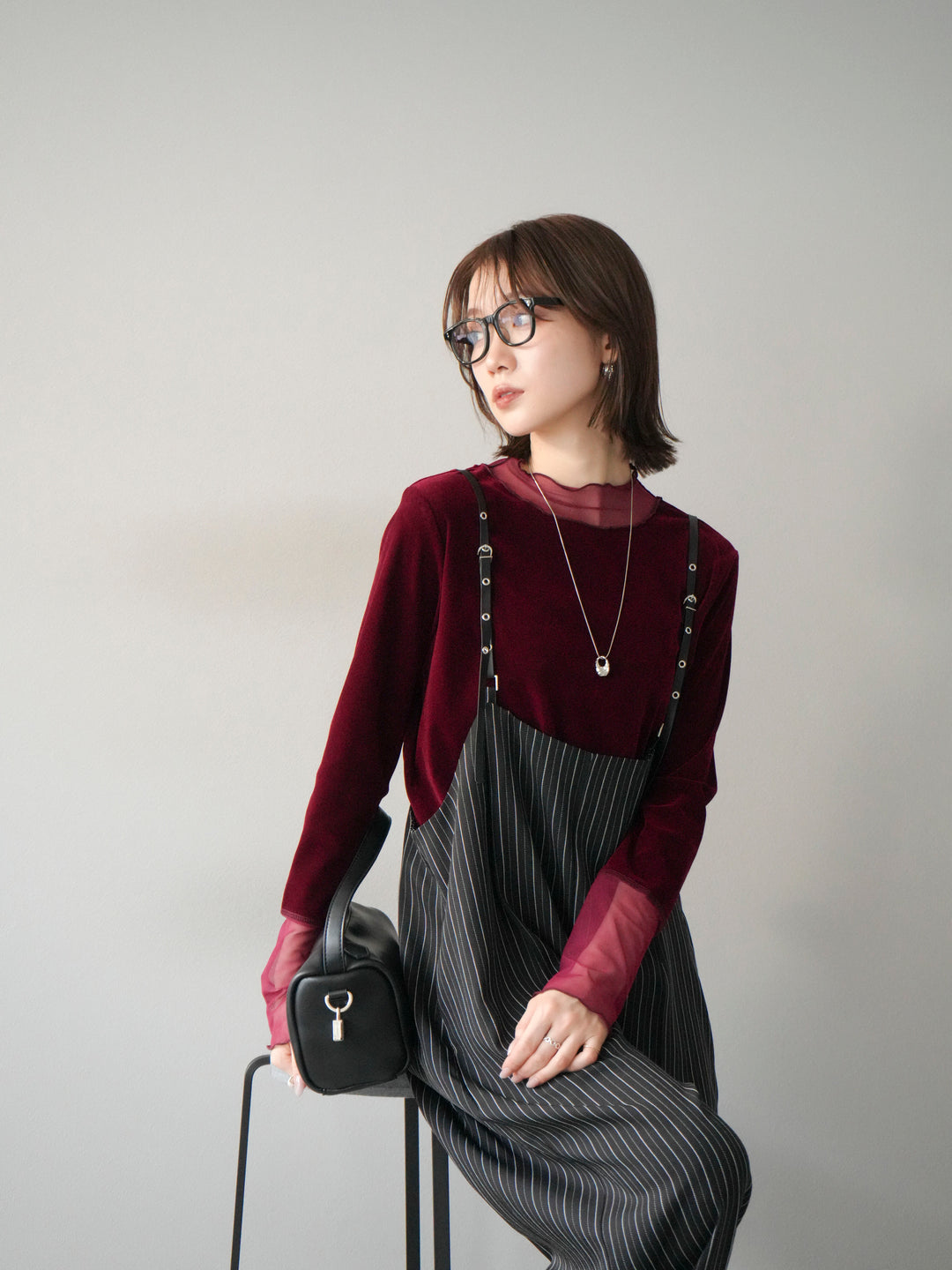 【着回しセット】[SET]ヘリンボーンストライプジレ+シアー切替ベロアトップス+ヘリンボーンストライプサロペット(3set)