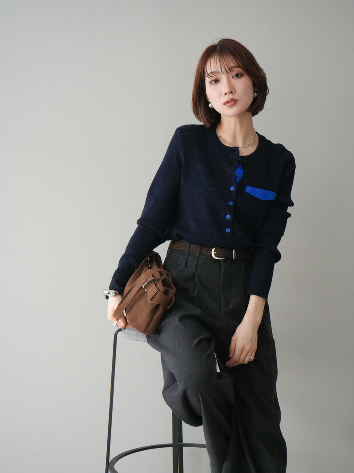 [SET]バイカラーデザインポケット配色ヘンリーネックニットソー+アニマル柄ベルト付きウールタッチワイドパンツ(2set)