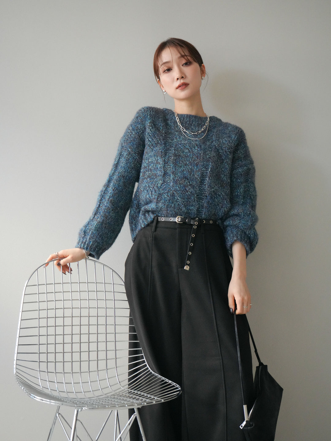 [予約]ワイドケーブルミックスニットプルオーバー/blue