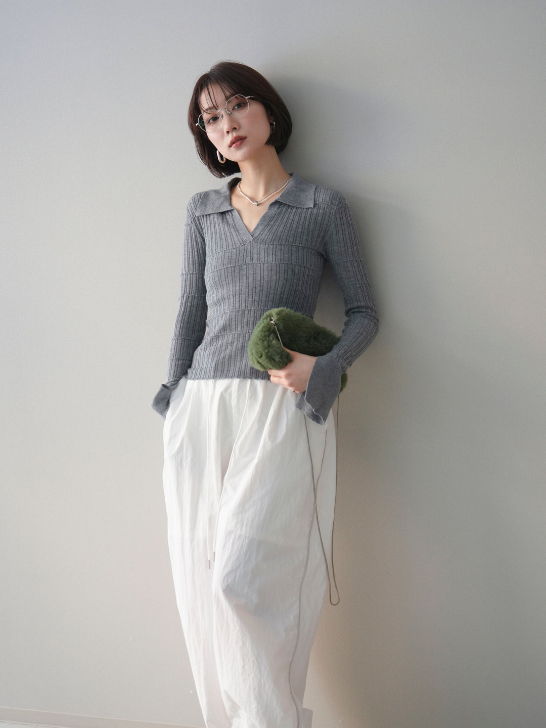 [予約]シアーリブスキッパーニットトップス/gray