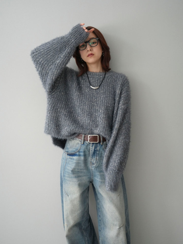 [SET]ボリュームスリーブシャギー MIXニットプルオーバー+ベルト付カーブデニムパンツ(2set)
