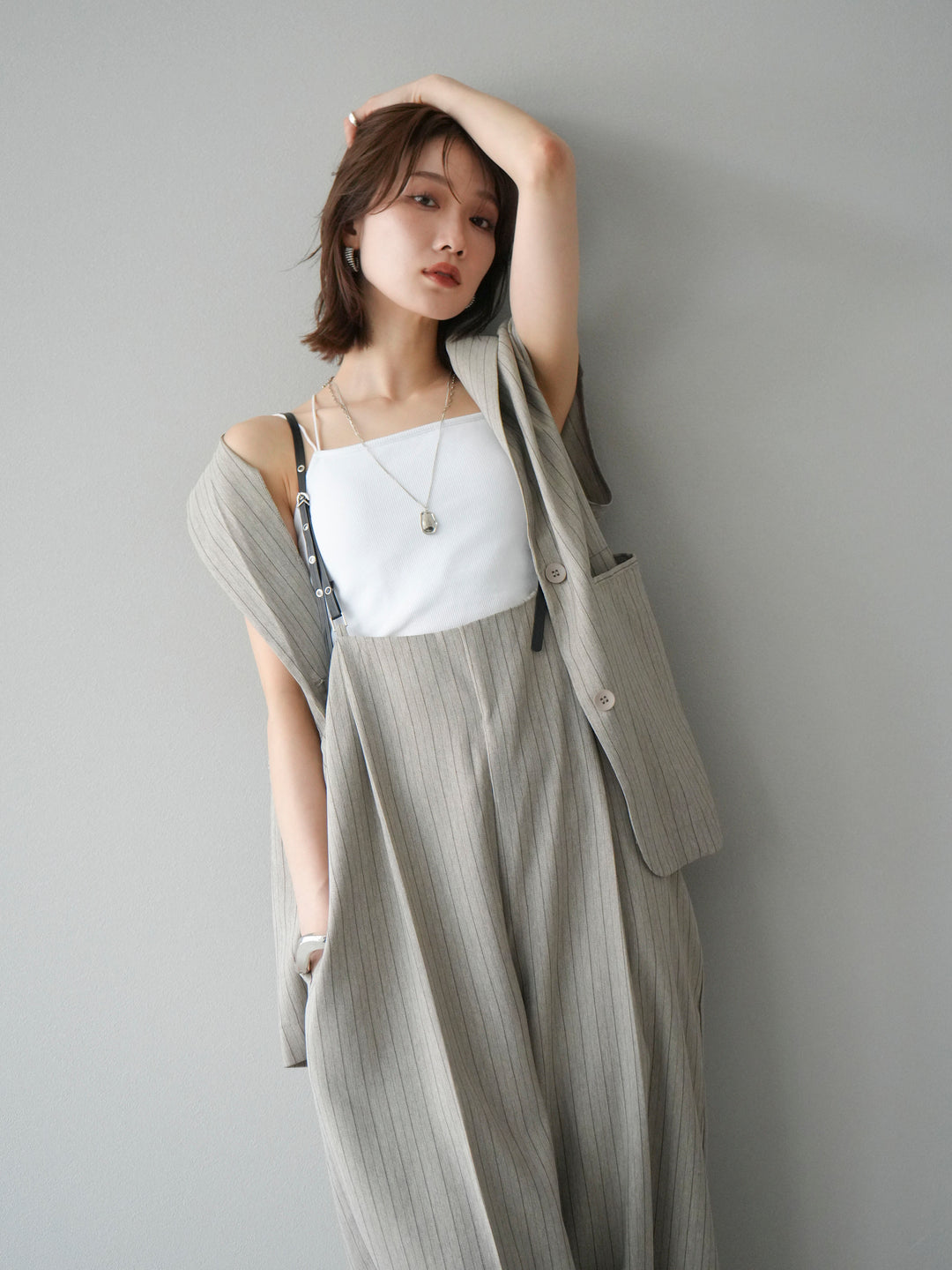 【着回しセット】[SET]ヘリンボーンストライプジレ+シアー切替ベロアトップス+ヘリンボーンストライプサロペット(3set)