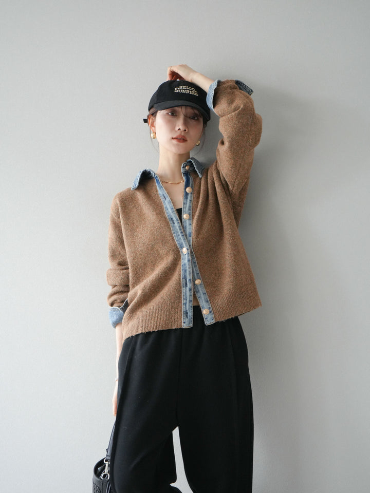 【着回しセット】[SET]デニム襟ボタンニットカーディガン+デニム襟ボタンニットカーディガン+2WAYデザインスウェットパンツ(3set)