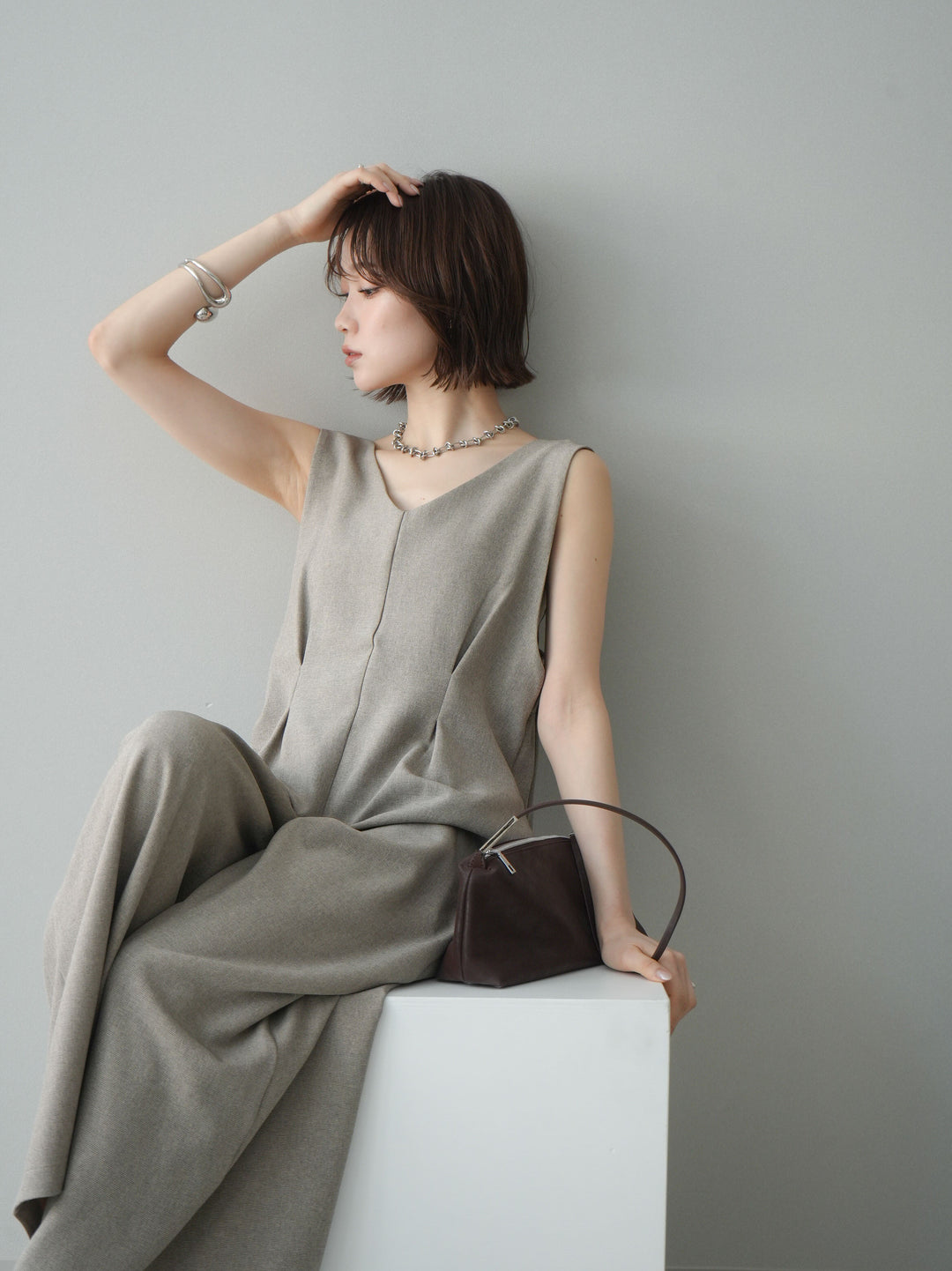 [予約]ショルダーベルト前後2wayサロペット/mixbeige