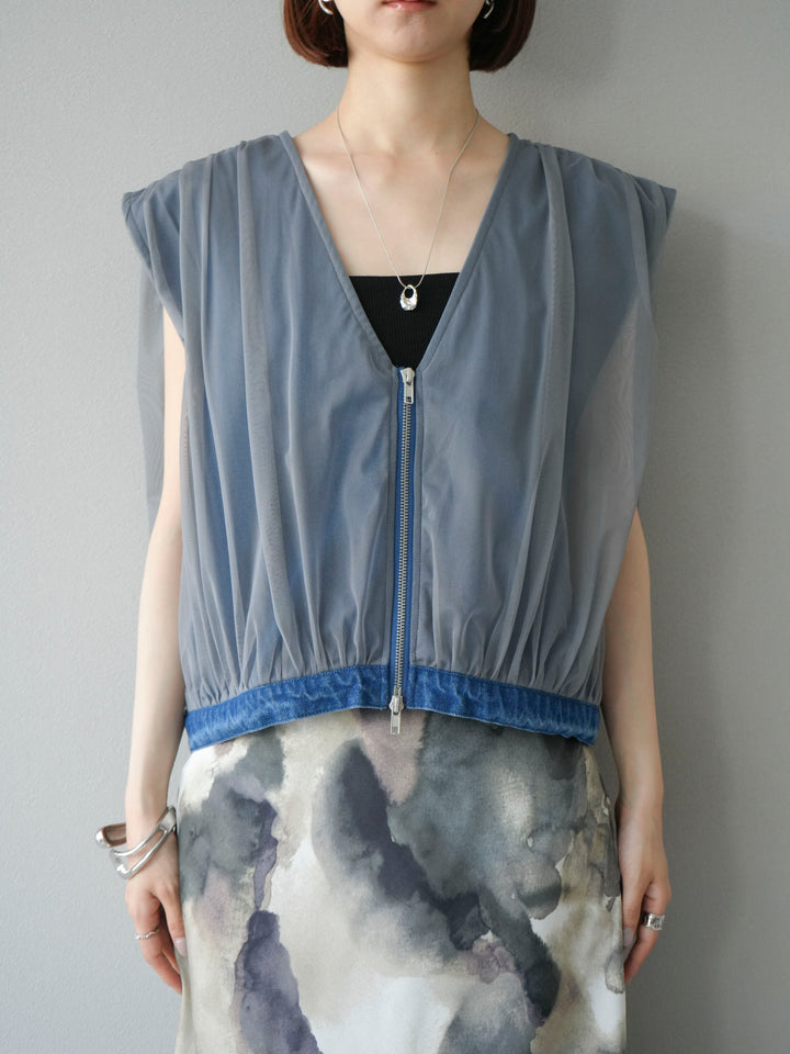 [予約]チュールドッキングデニムダブルZIPベスト/ブルー