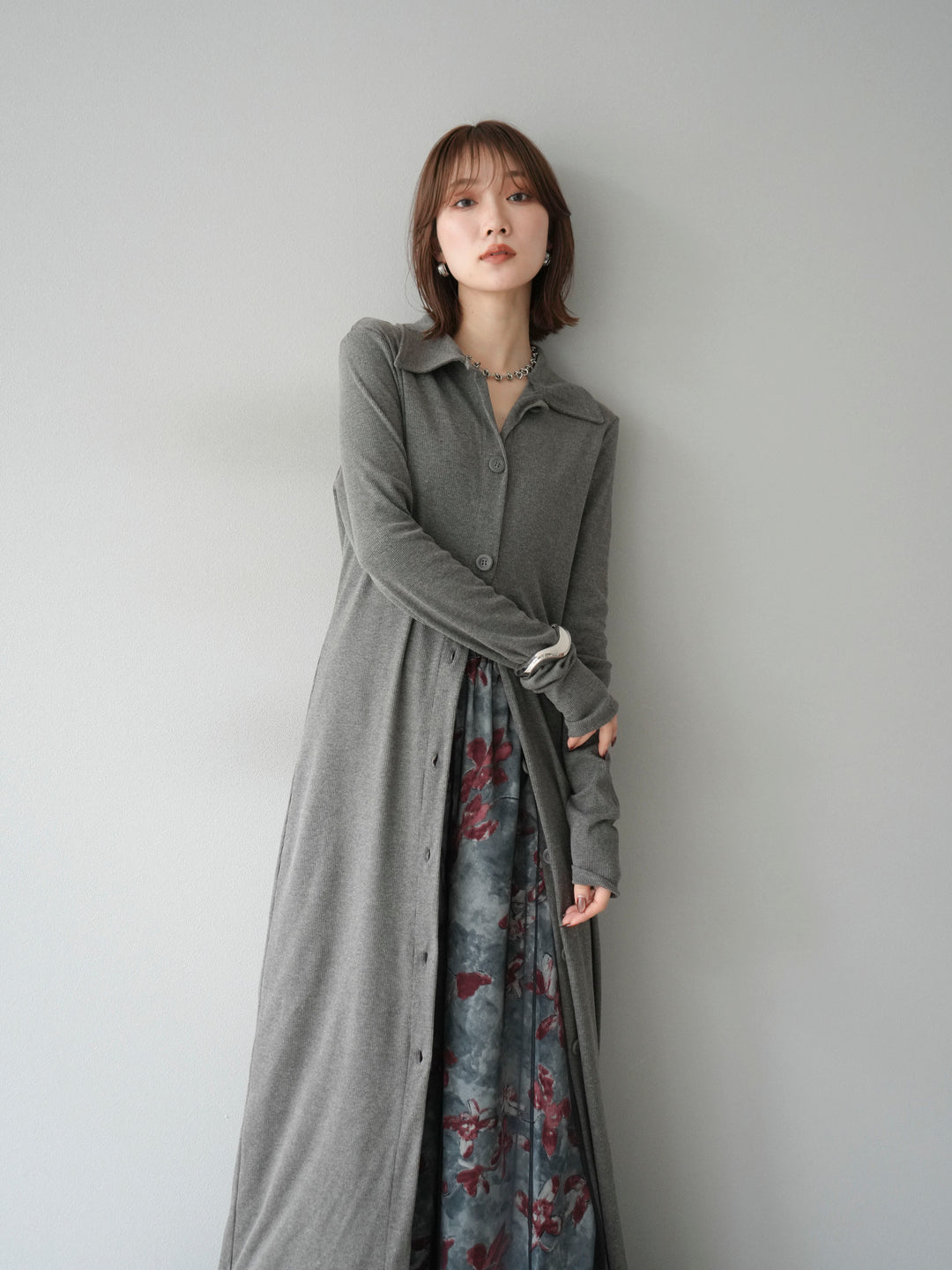 [SET]襟付きカットリブボタンワンピース+フラワープリントチュールレイヤードパンツ(2set)