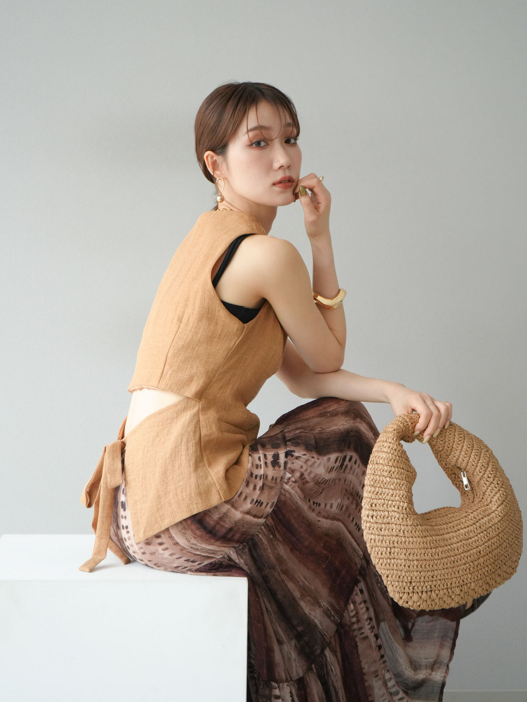 [SET]リネンタッチバックオープンベスト＆ニュアンス柄マキシスカートSET UP(2set)