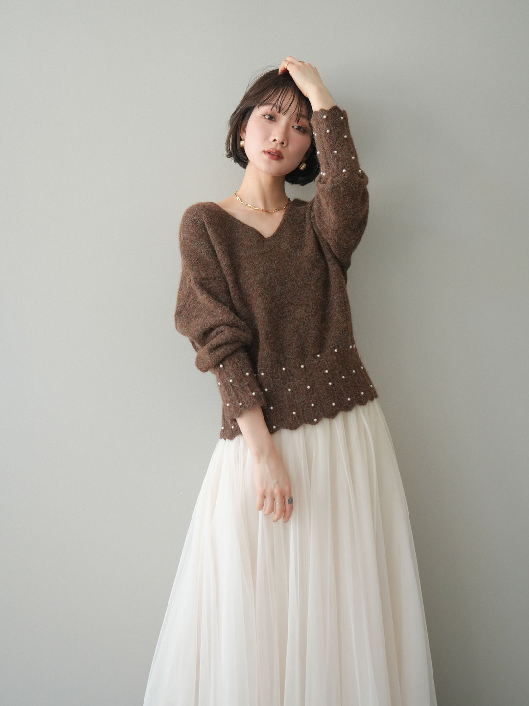 [SET]パールフリルリブヘムニットプルオーバー+選べるアクセセット(2set)