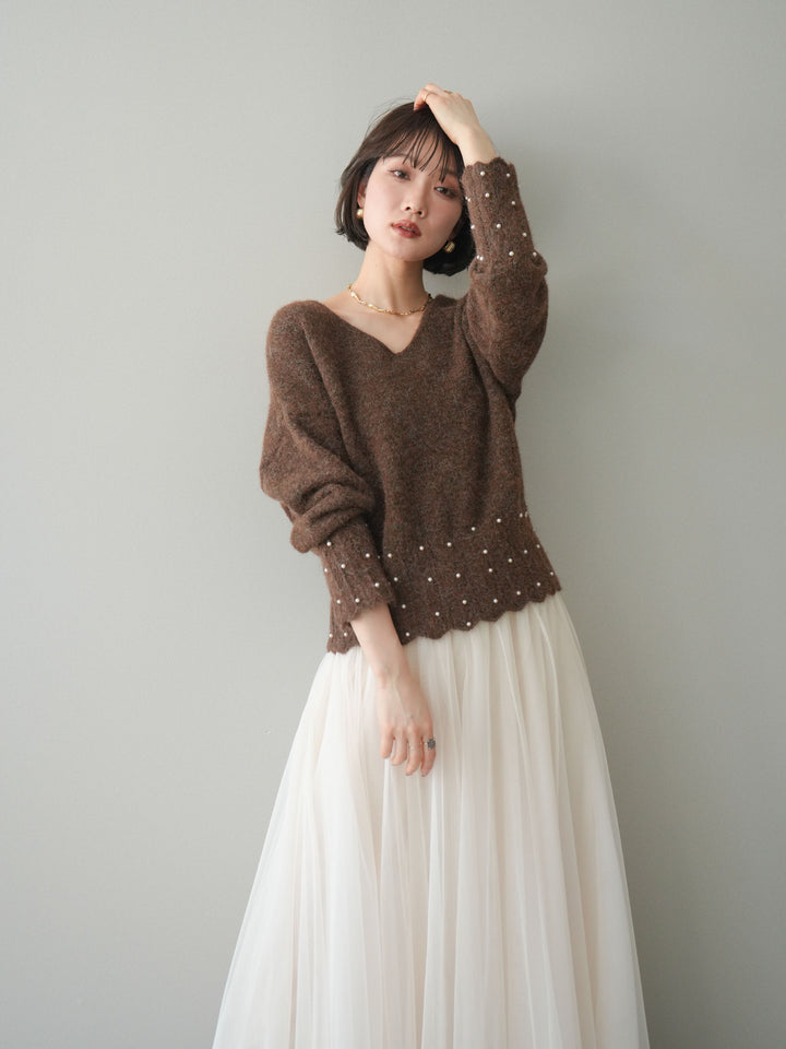 [SET]パールフリルリブヘムニットプルオーバー+選べるアクセセット(2set)