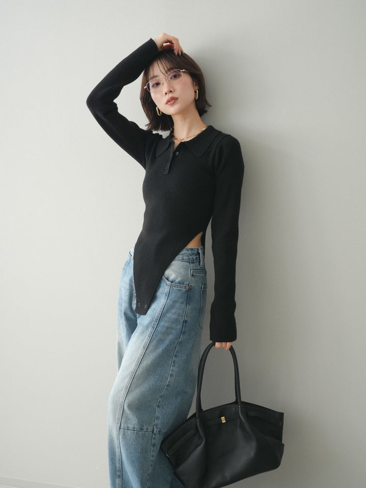 [予約]リブポロニットボディスーツ/black