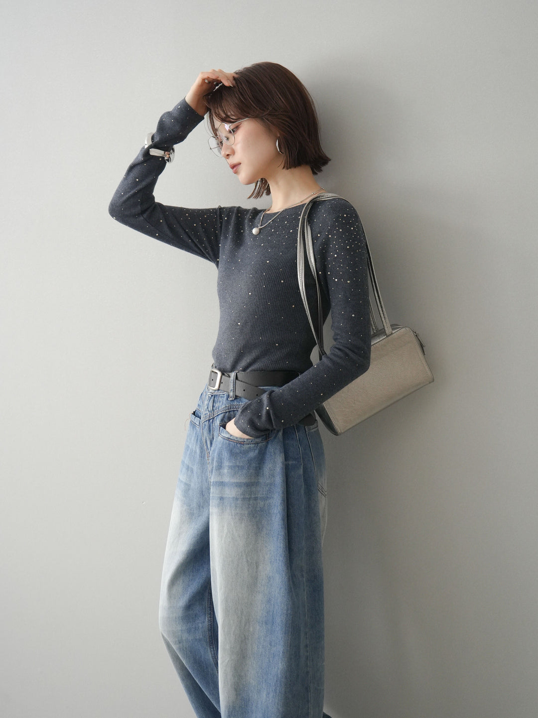 [SET]スパンコールシアーニットトップス+フロントポケットサイドタックワイドデニム(2set)