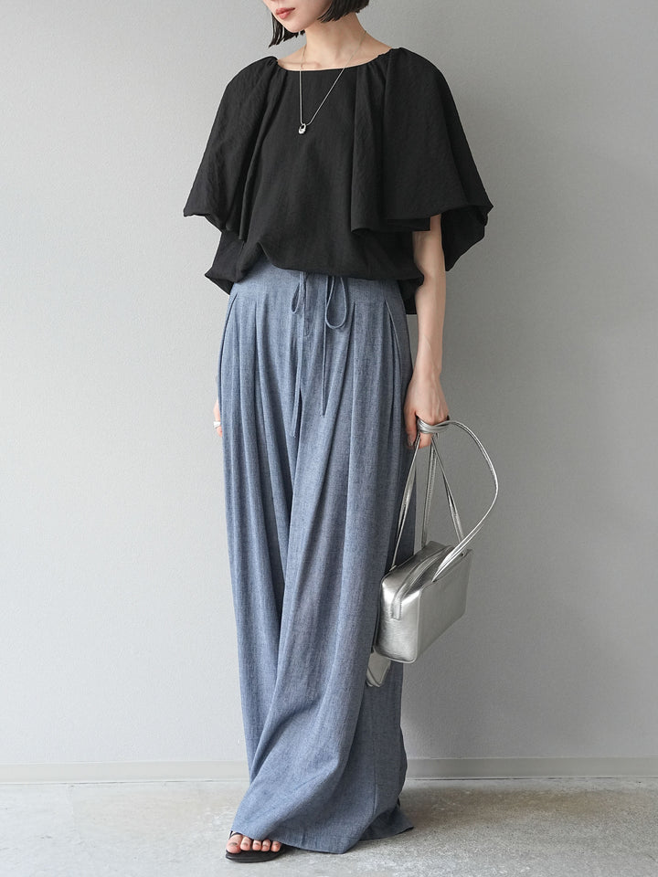 【預購】仿亞麻雙褶設計寬褲/藏青色