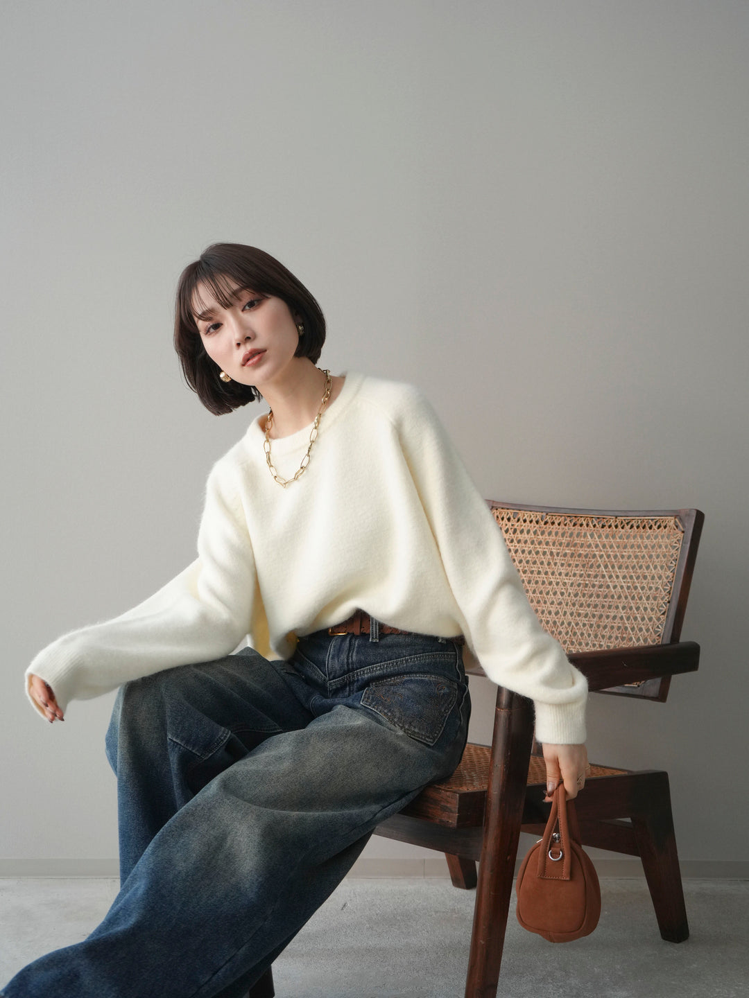 [予約]クルーネックモチモチニットプルオーバー/white