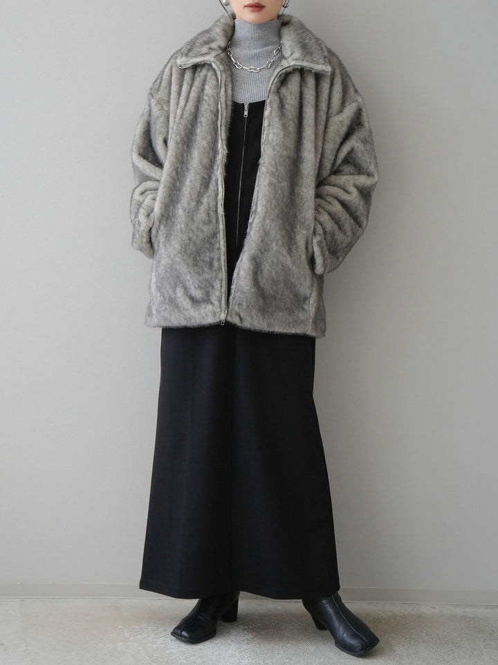 [預訂] 毛絨立式中長拉鍊夾克/灰色