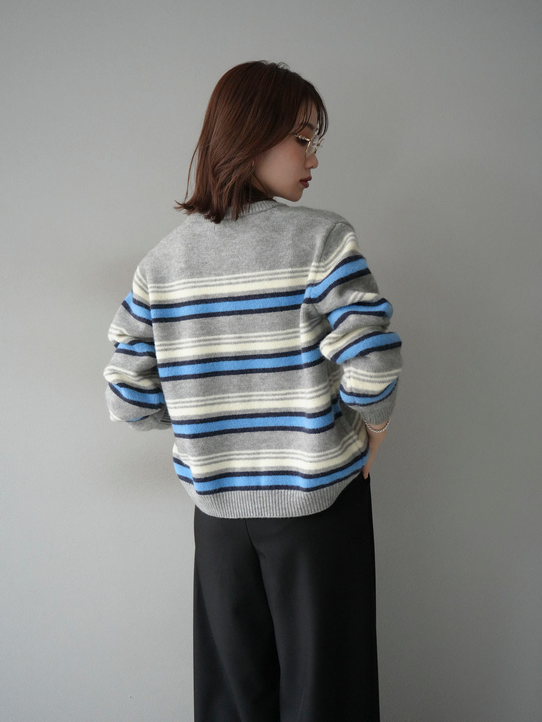 [SET]マルチボーダーニットカーディガン+ベルトループデザインワイドパンツ(2set)