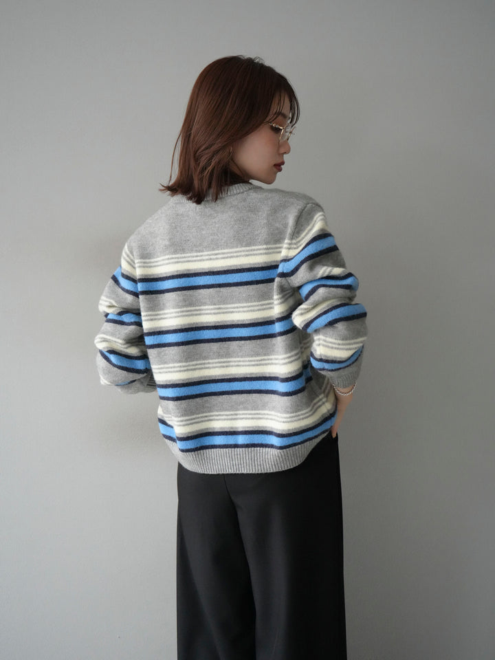 [SET]マルチボーダーニットカーディガン+ベルトループデザインワイドパンツ(2set)