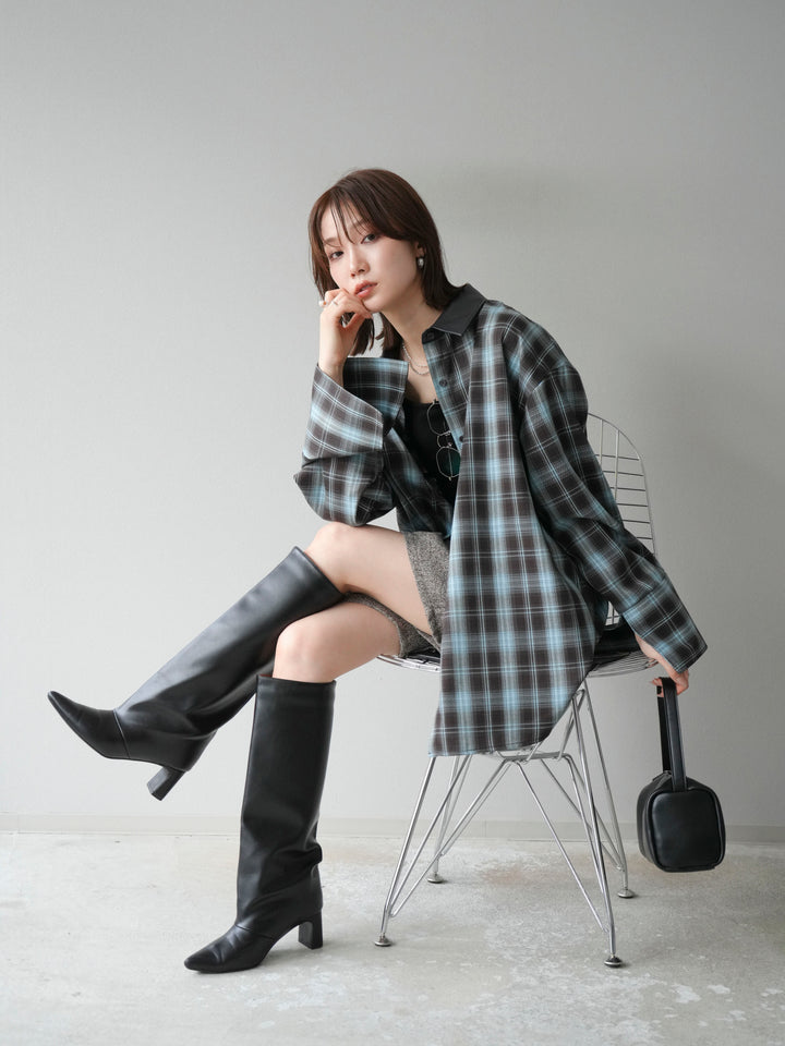 [SET]レザー襟オンブレチェックオーバーシャツ +ツイードハーフパンツ(2set)