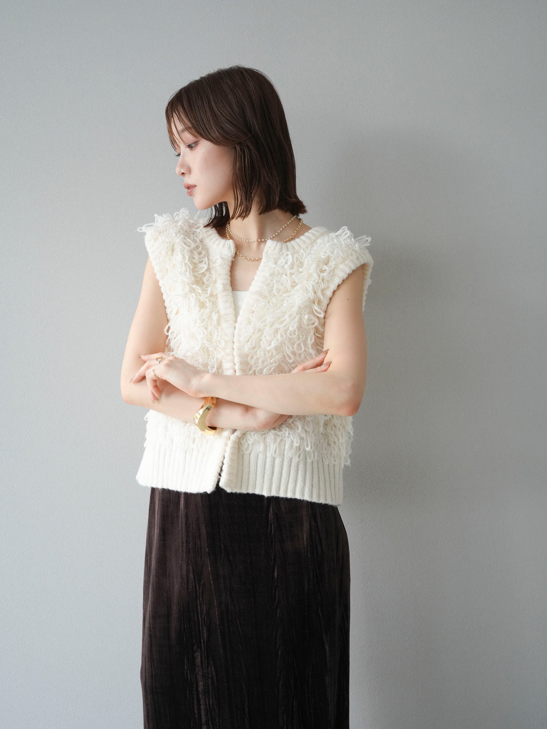 [SET]レザー襟オンブレチェックオーバーシャツ +ループデザインホックベスト +クラッシュベロアナロースカート(3set)