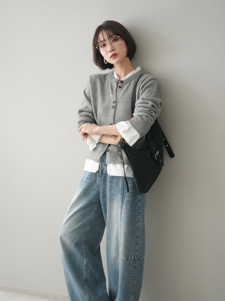[SET]布帛ドッキングニットカーディガン+ガーメントウォッシュカーブデニムパンツ(2set)