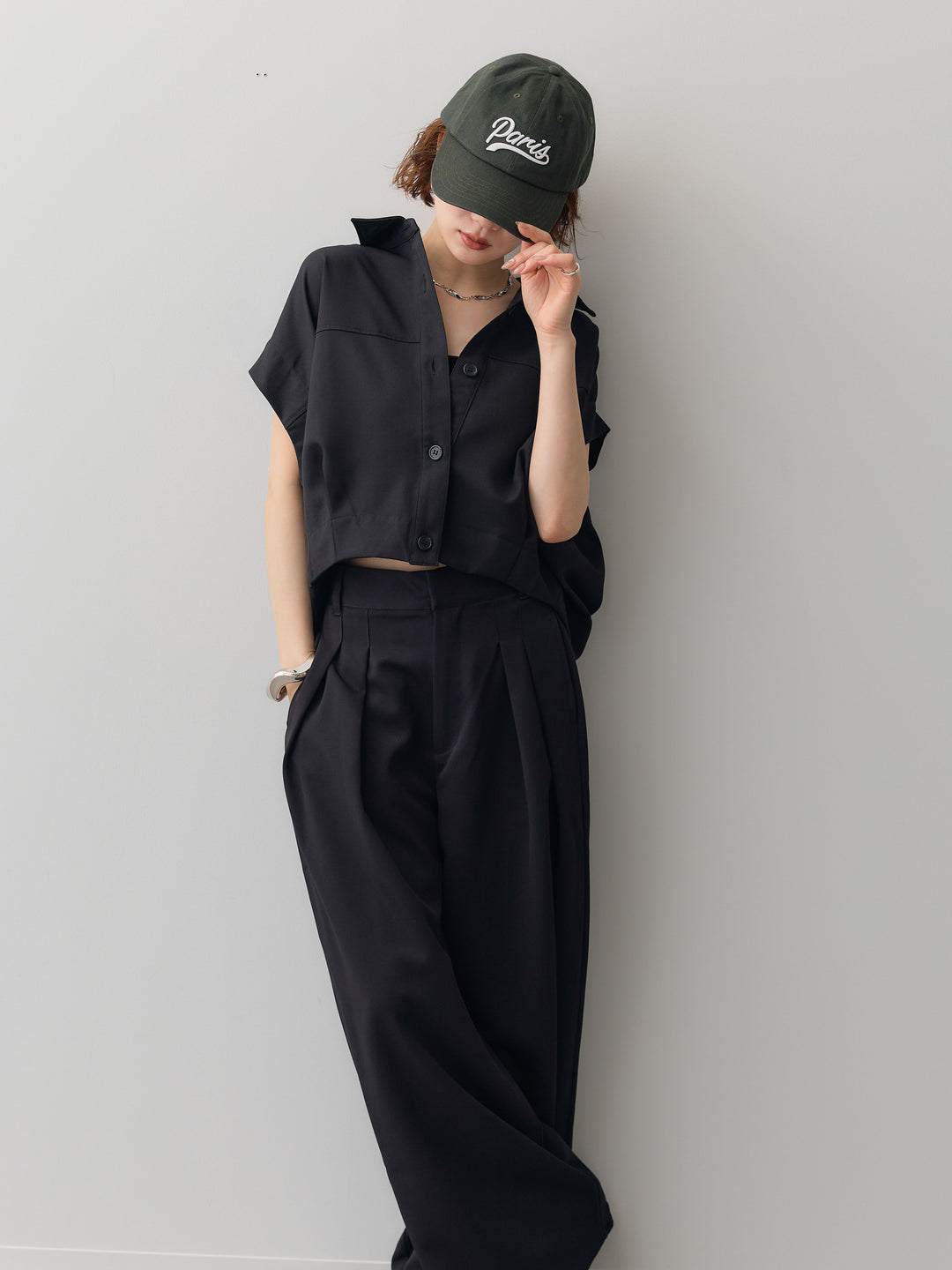 【套裝】縐綢燈籠無袖襯衫 + 縐綢闊腿褲（兩件套）