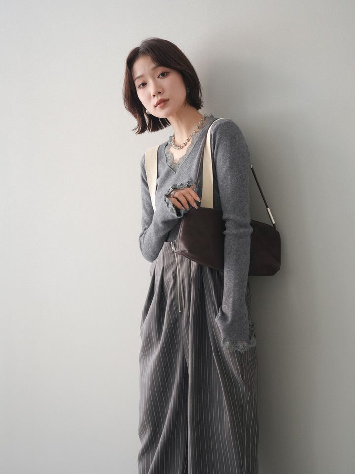 [予約]レースドッキングVネックニットトップス/gray