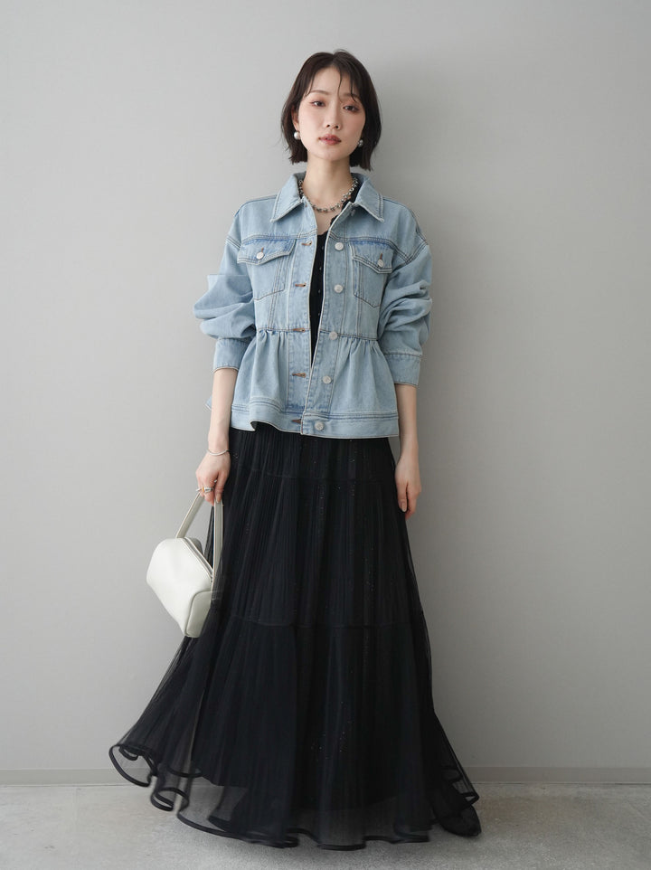 [予約]ラメプリーツレイヤードチュールロングスカート/black