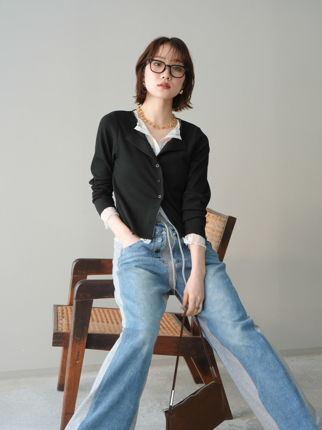 [SET]レースドッキングテレコリブカーディガン+デニム切替スウェットパンツ(2set)