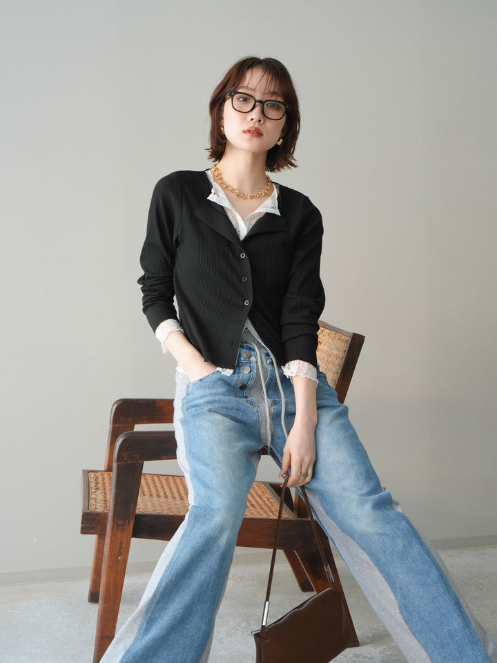 [SET]レースドッキングテレコリブカーディガン+デニム切替スウェットパンツ(2set)