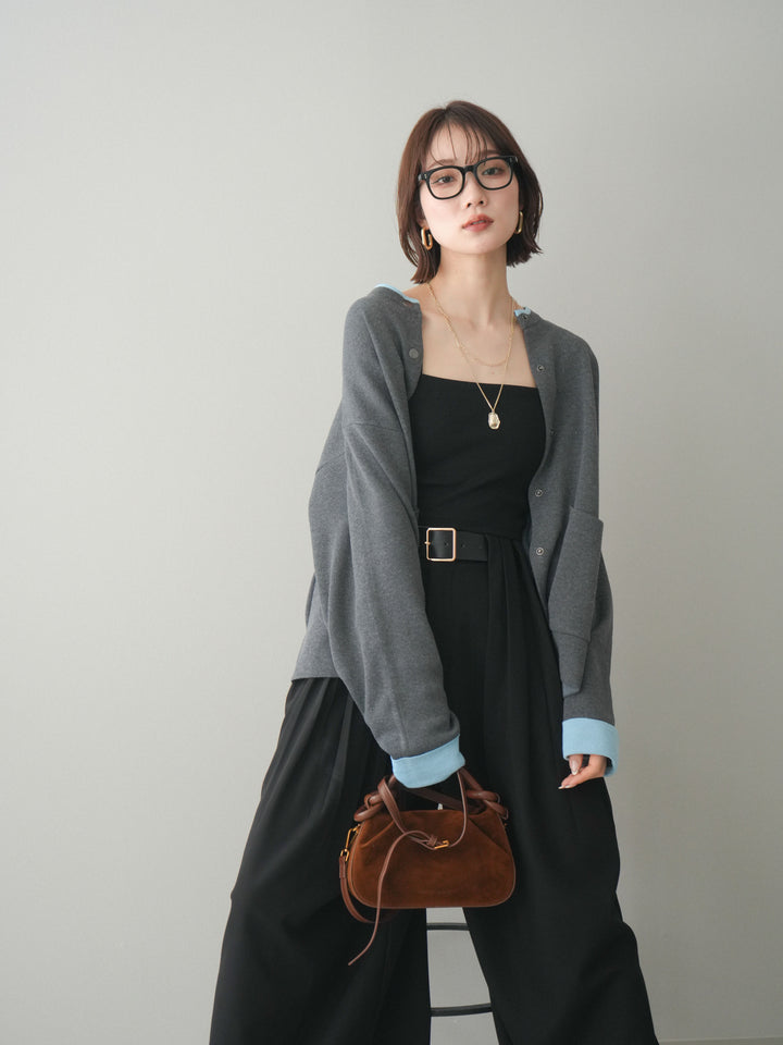 [SET]バイカラーオーバーニットカーディガン+タックベルトループワイドパンツ(2set)