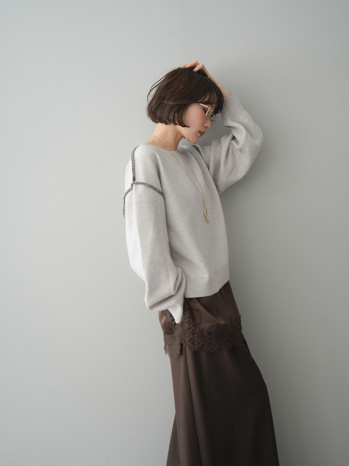 [SET]バックロゴ刺繍配色ステッチニットプルオーバー+選べるアクセセット(2set)