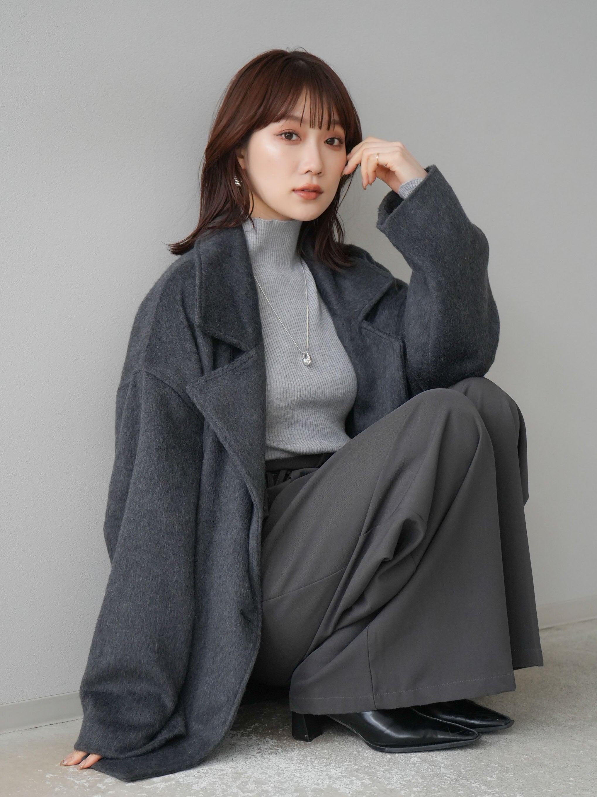 ミリタリー風 ジャケット ハイネック ニット襟付き グレー 秋冬　y2k 平成 SET]フェイクビーバーミドルコート+袖ボタンハイネックリブニット